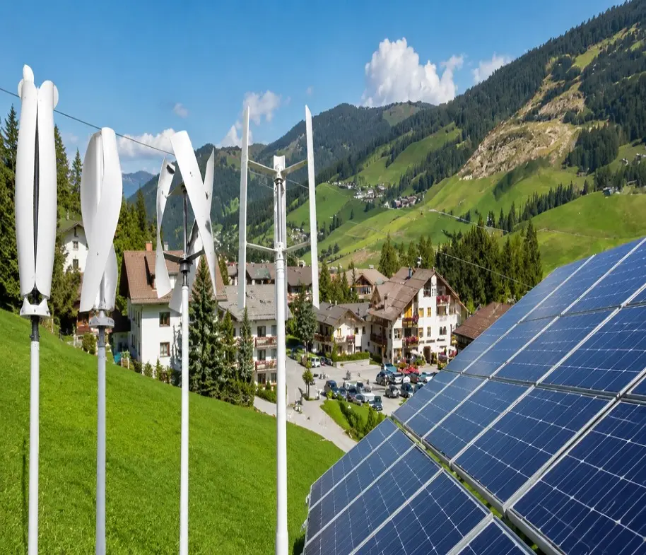 Solar panels and wind turbines in renewable energy landscape